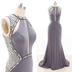 Crystal Jersey Gray Prom Pageant Gown Evening Gown
